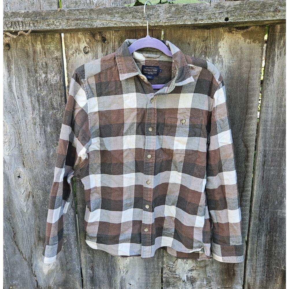 Pendleton 100% Cotton S Brown Plaid Long Slve Shirt Corduray Lined Neck & Cuff